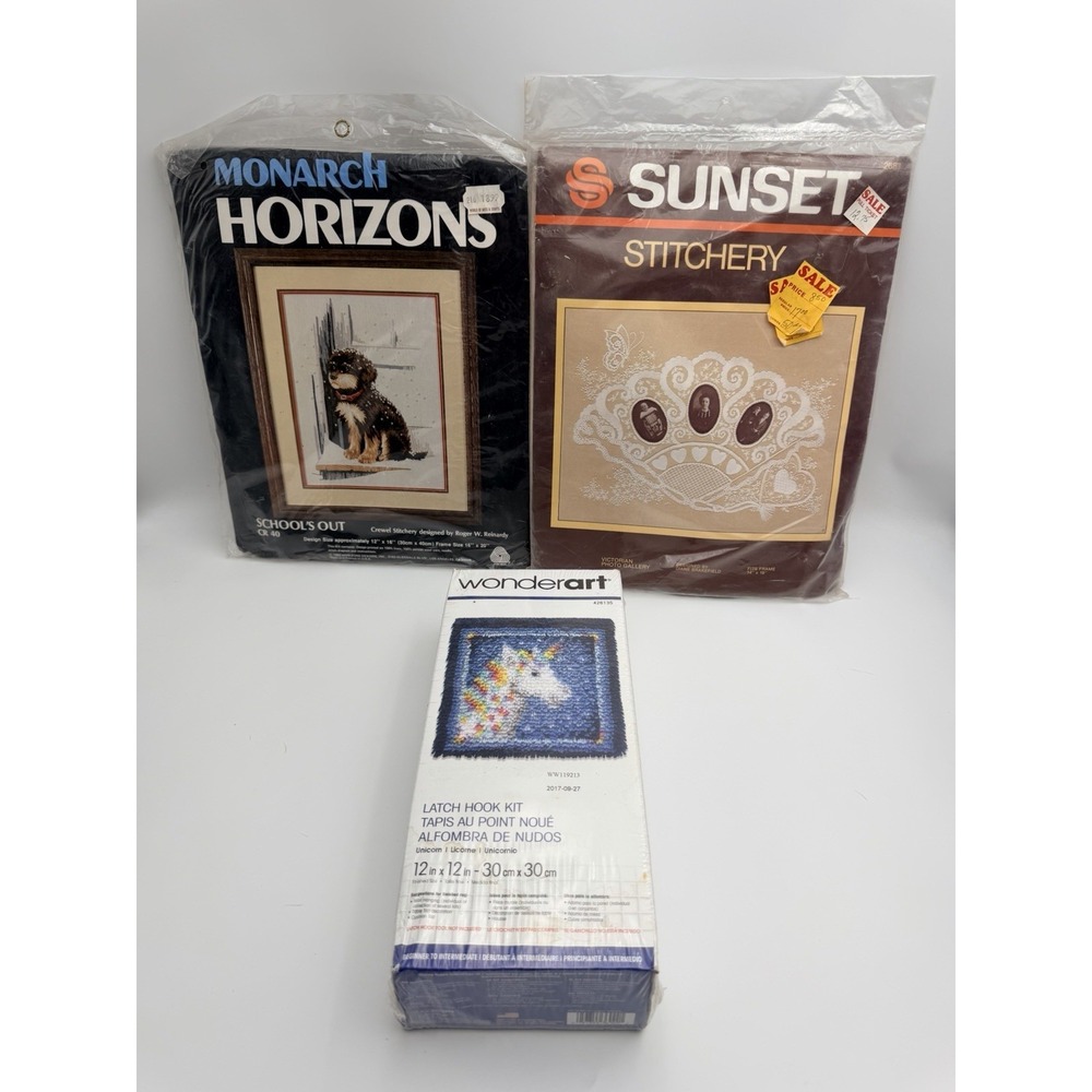 Vintage Craft Kit Lot Monarch Horizons Crewel Sunset Stitchery Wonderart Unicorn